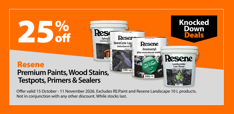 Resene Premium Paints, Wood Stains, Testpots, Primers & Sealers, 25% off. Knocked Down Deals offer valid 15 October – 11 November 2026. Excludes RE:Paint and Resene Landscape 10L products. Not in conjunction with any other discount. While stocks last.