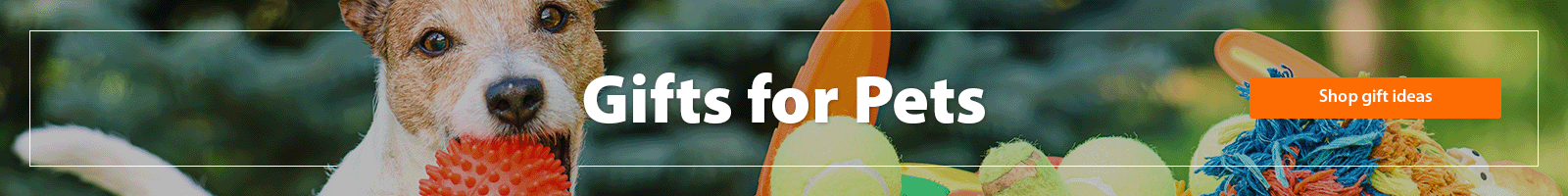 A heading "Gifts for pets, shop now" accompanied by a photo of a dog with a toy in its mouth