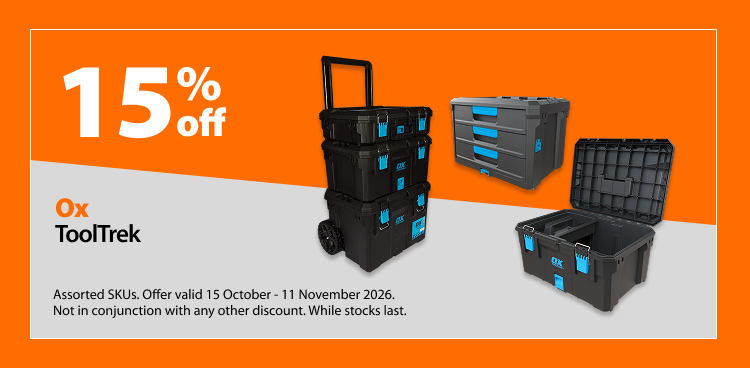 OX ToolTrek, 15% off. Offer valid 15 October – 11 November 2026. Assorted SKUs. Not in conjunction with any other discount. While stocks last.
