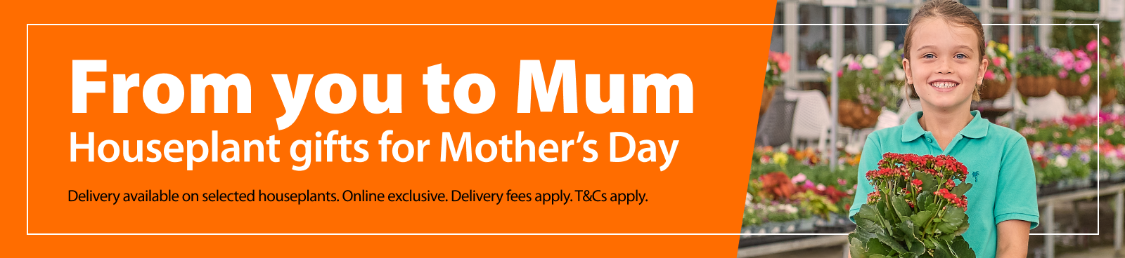 From you to Mum. Houseplant gifts for Mother’s Day. Delivery available on selected houseplants. Online exclusive. Delivery fees apply. T&Cs apply.