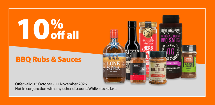 BBQ Rubs & Sauces, 10% off. Offer valid 15 October – 11 November 2026. Not in conjunction with any other discount. While stocks last.