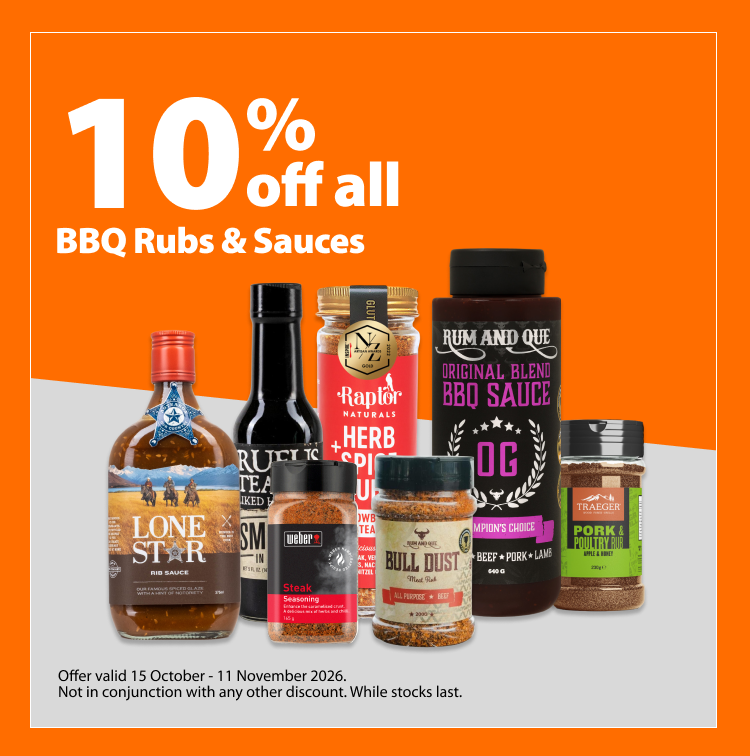 BBQ Rubs & Sauces, 10% off. Offer valid 15 October – 11 November 2026. Not in conjunction with any other discount. While stocks last.