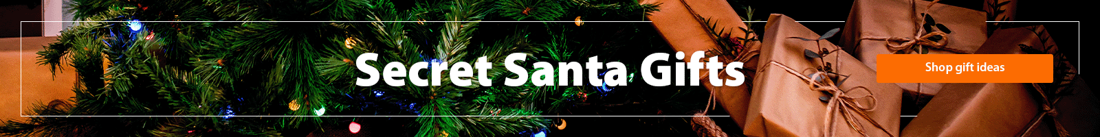 A photo of a Christmas tree with presents underneath with a "Secret Santa Gifts, shop now" heading 