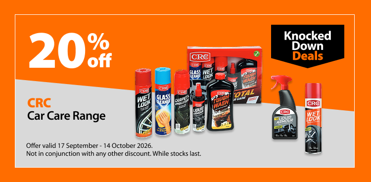 CRC Car Care Range, 20% off. Knocked Down Deals offer valid 17 September – 14 October 2026. Not in conjunction with any other discount. While stocks last.