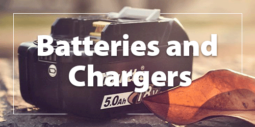 A heading 'Batteries & Chargers' accompanied by an image of a Makita battery