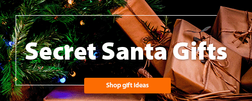 A photo of a Christmas tree with presents underneath with a "Secret Santa Gifts, shop now" heading 