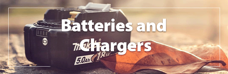 A heading 'Batteries & Chargers' accompanied by an image of a Makita battery