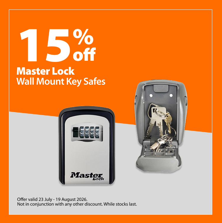 Master Lock Wall Mount Key Safes, 15% off. Offer valid 23 July – 19 August 2026. Not in conjunction with any other discount. While stocks last.