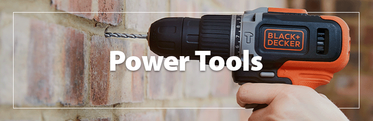 A heading 'Power Tools' accompanied by an image of a Black+Decker drill being used