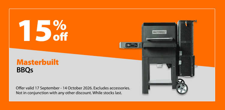 Masterbuilt BBQs, 15% off. Offer valid 17 September – 14 October 2026. Excludes accessories. Not in conjunction with any other discount. While stocks last. Masterbuilt BBQs, 15% off. Offer valid 17 September – 14 October 2026. Excludes accessories. Not in conjunction with any other discount. While stocks last.