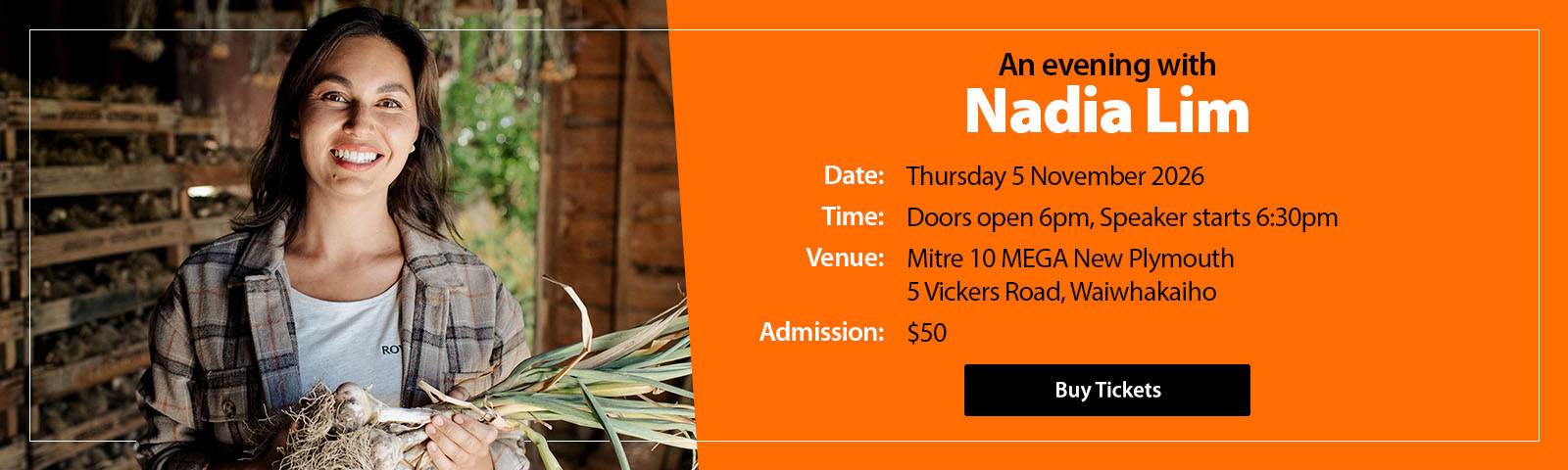 Book Tickets - An Evening with Nadia Lim at Mitre 10 MEGA New Plymouth