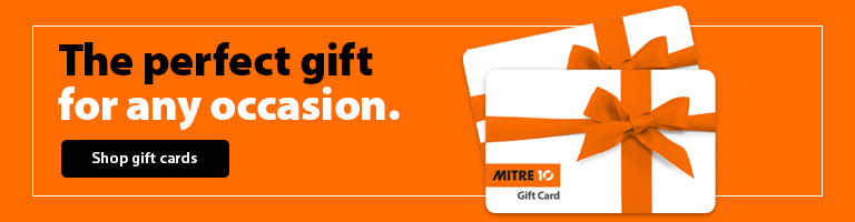A heading "The perfect gift for any occasion, shop gift cards" accompanied by an illustration of aMitre 10 gift card