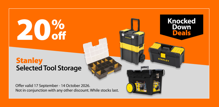 Stanley Selected Tool Storage, 20% off. Knocked Down Deals offer valid 17 September – 14 October 2026. Not in conjunction with any other discount. While stocks last.