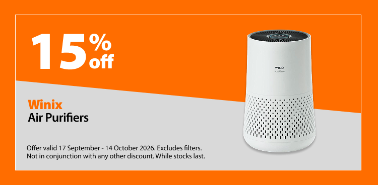 Winix Air Purifiers, 15% off. Offer valid 17 September – 14 October 2026. Excludes filters. Not in conjunction with any other discount. While stocks last.