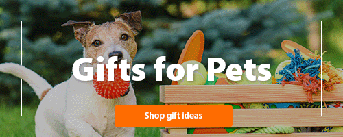 A heading "Gifts for pets, shop now" accompanied by a photo of a dog with a toy in its mouth