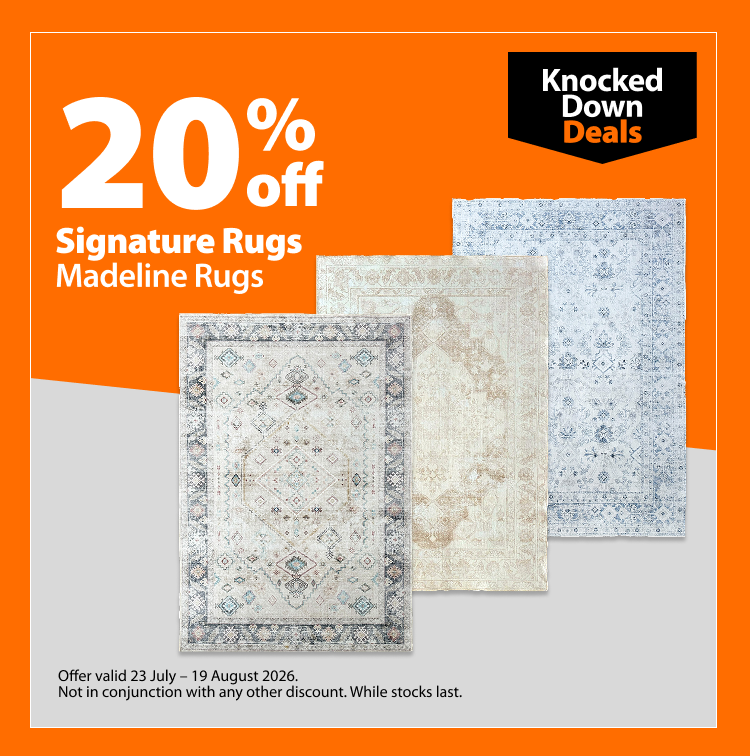 Signature Rugs Madeline Rugs, 20% off. Knocked Down Deals offer valid 23 July – 19 August 2026. Not in conjunction with any other discount. While stocks last.
