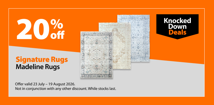 Signature Rugs Madeline Rugs, 20% off. Knocked Down Deals offer valid 23 July – 19 August 2026. Not in conjunction with any other discount. While stocks last.