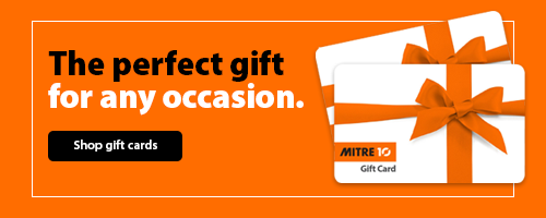 A heading "The perfect gift for any occasion, shop gift cards" accompanied by an illustration of aMitre 10 gift card