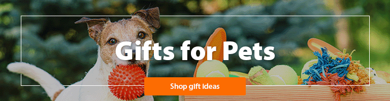 A heading "Gifts for pets, shop now" accompanied by a photo of a dog with a toy in its mouth