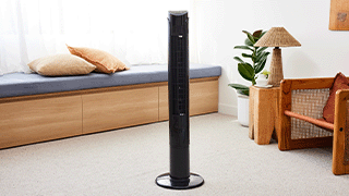 A black Goldair fan in a living area