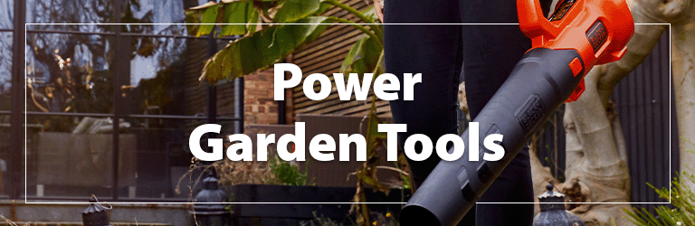 A heading 'Power Garden' accompanied by an image of a Black+Decker blower being used to blow leaves away