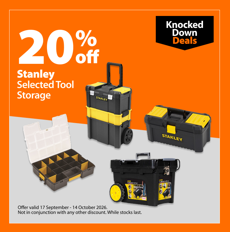 Stanley Selected Tool Storage, 20% off. Knocked Down Deals offer valid 17 September – 14 October 2026. Not in conjunction with any other discount. While stocks last.