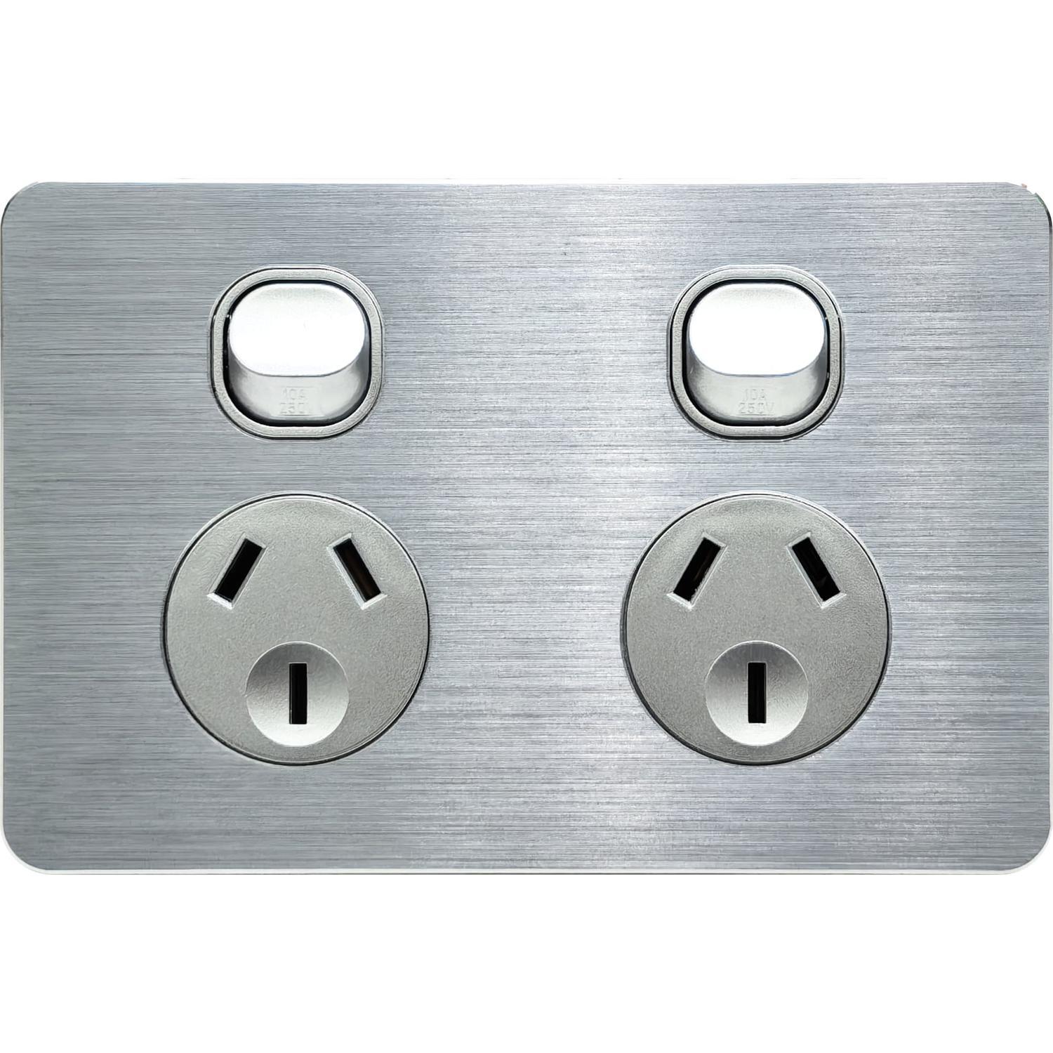 Double Horizontal Power Point Switch Brushed Aluminium 121 x 80 x 28mm Silver Grey