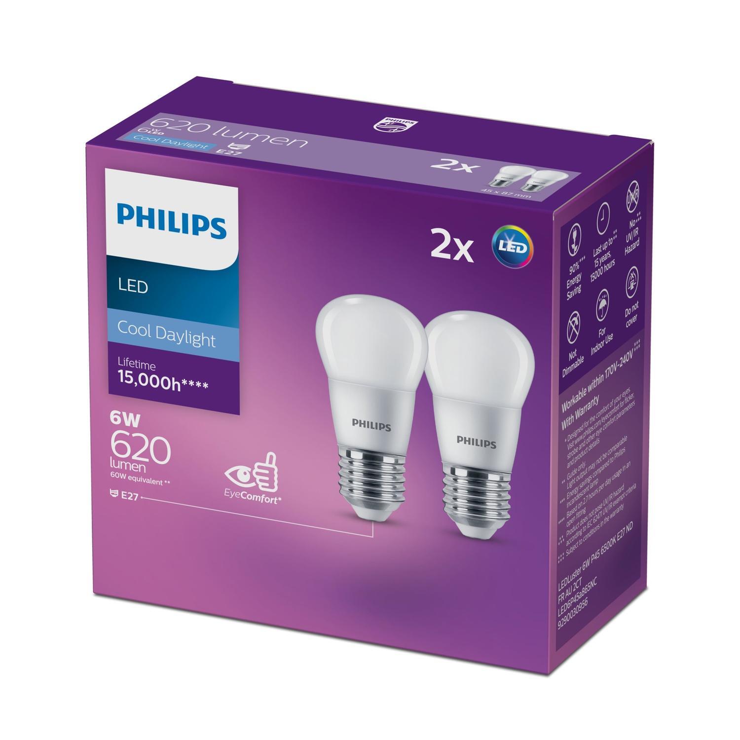 LED Lustre E27 Frosted 2 Pack 6 Watt Cool Daylight