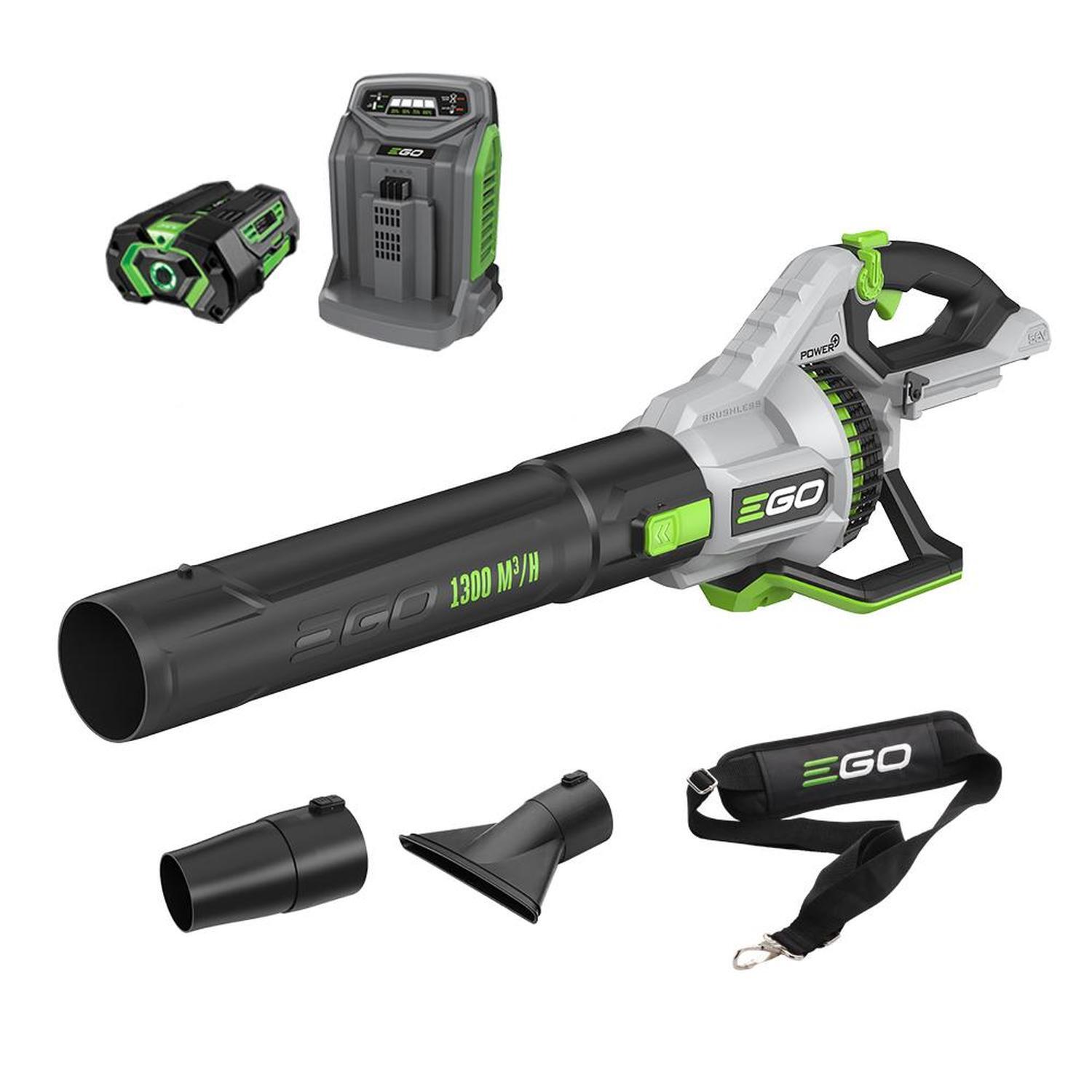 EGO POWER+ 56V 1300m³/h Brushless Blower KIT Includes 5. Ah Battery, Rapid Charger, Shoulder Strap Flat Nozzle & Round Nozzle