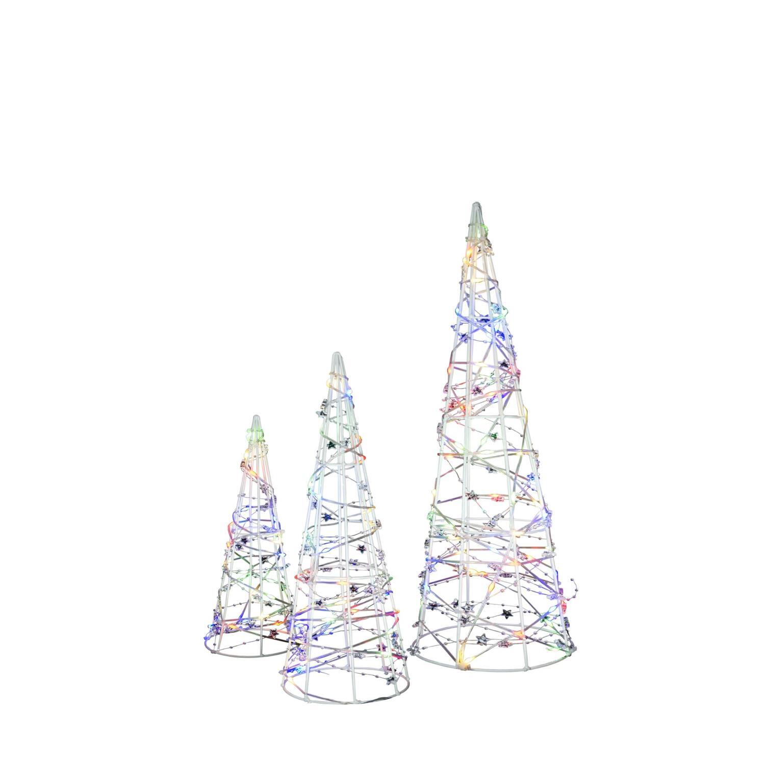 Cone Tree Lights 3-pack.  H: 31cm x Dia: 11cm (20 LED) H: 45cm x Dia: 16cm (30 LED) H: 60cm x Dia: 21cm (50 LED) 100 LED. Low voltage Multi-colour