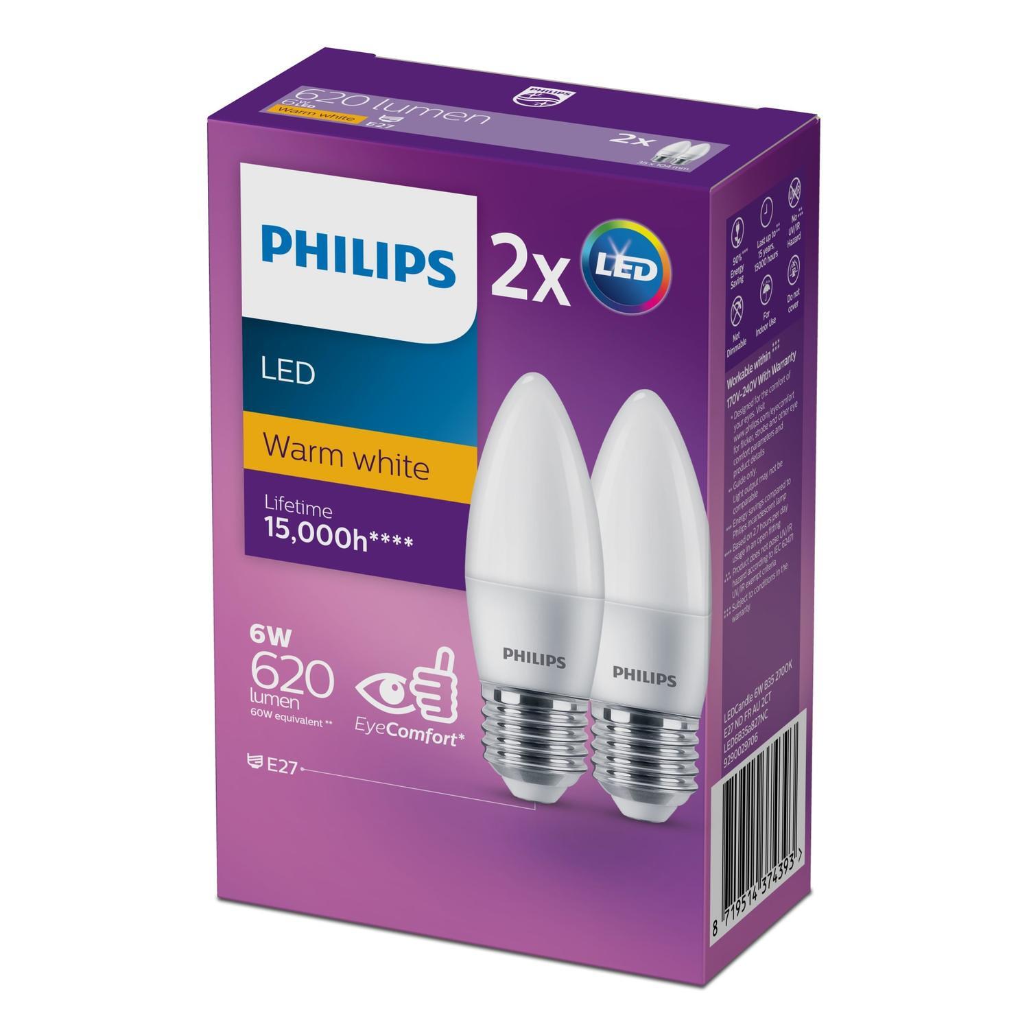 Light Bulb LED E27 620lm Frosted Candle 2 Pack 6W Warm White