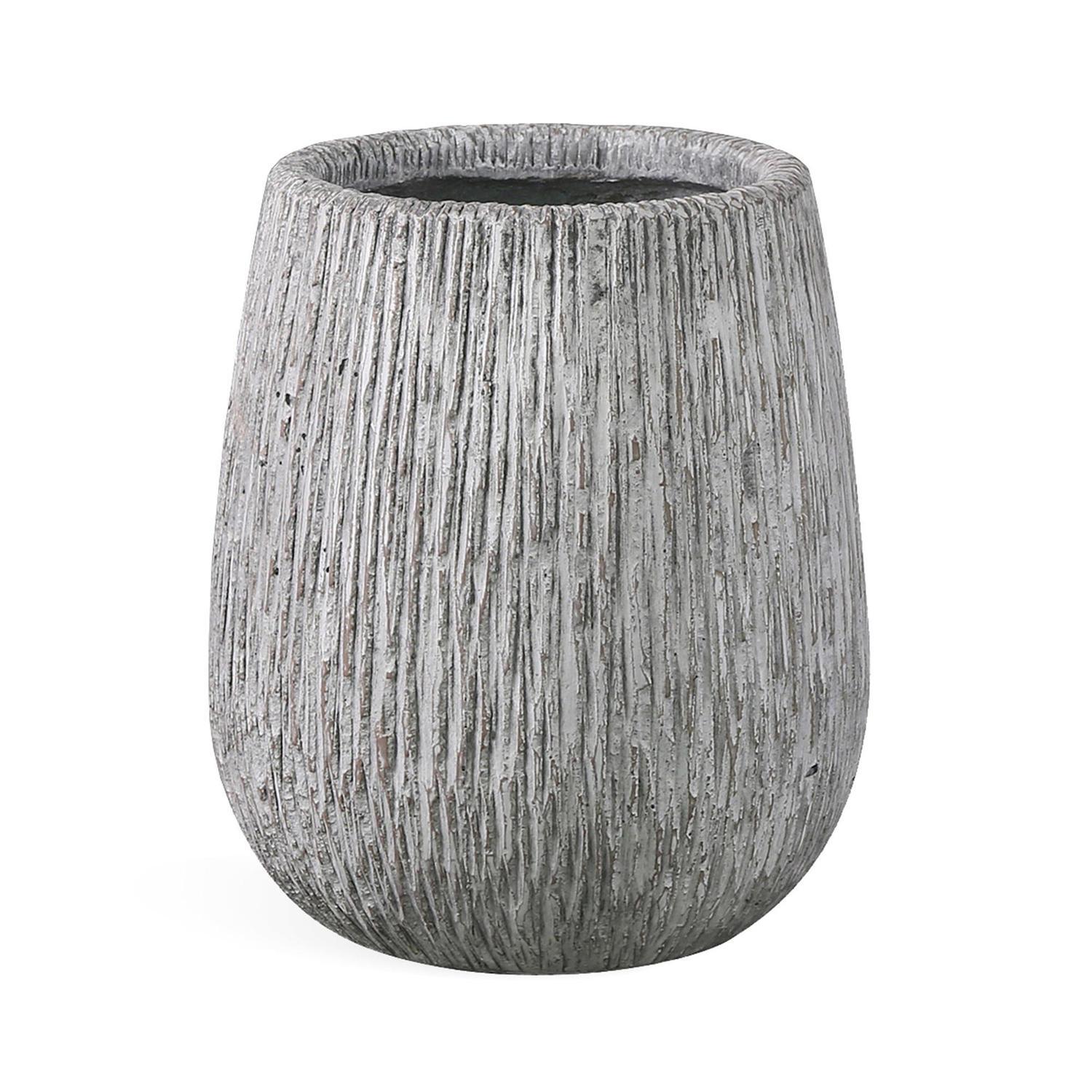 Tall Round Cement Carve Pot L Grey