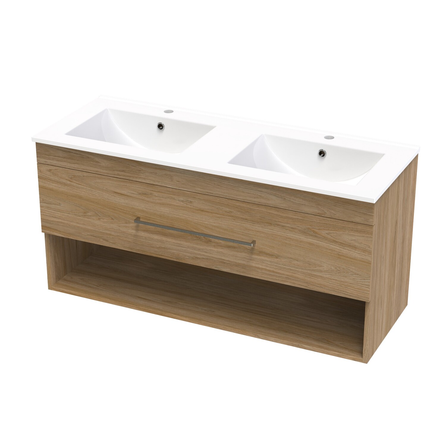 Cashmere Drawer Open Double Bowl Wall Hung Vanity