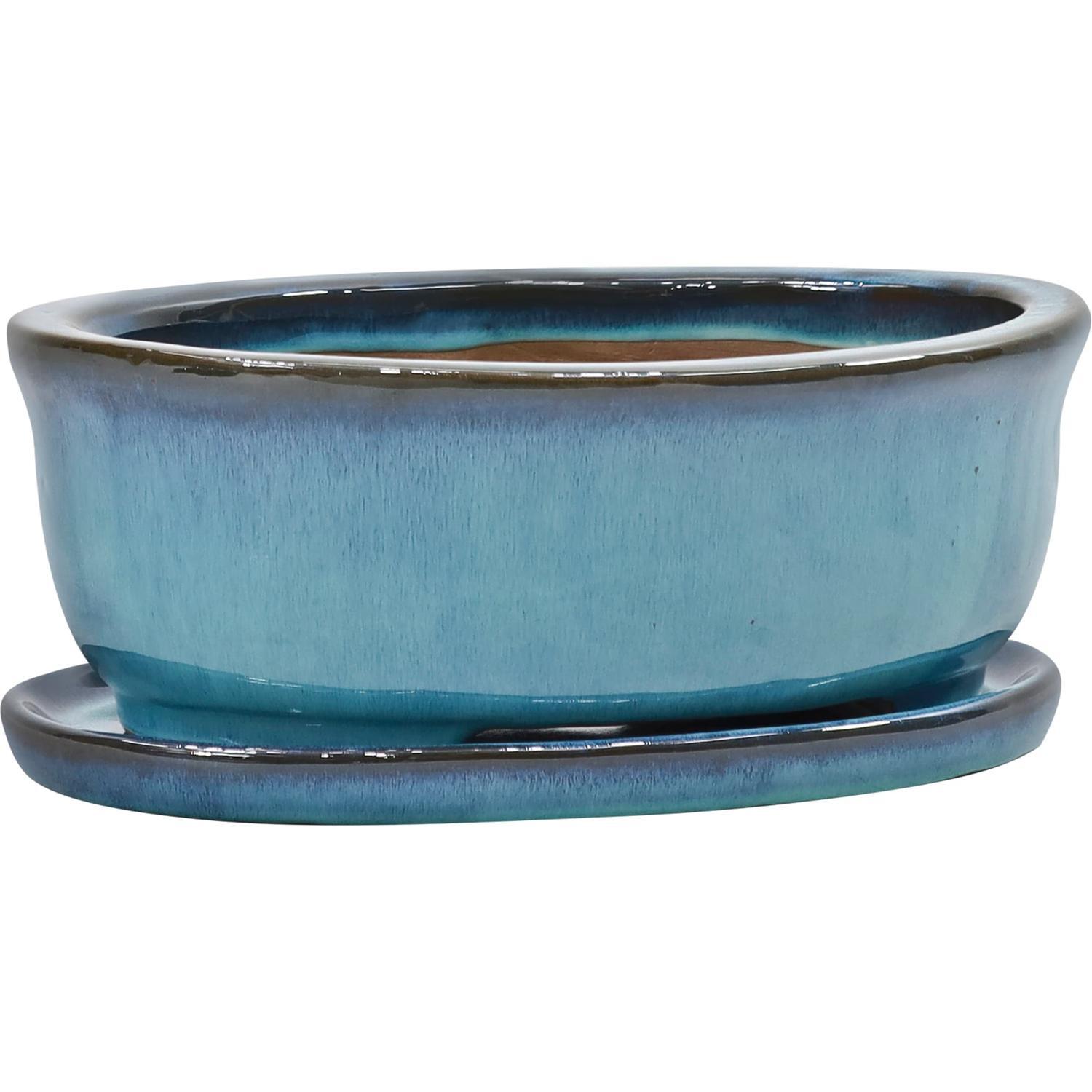Glazed Bonsai Oval Pot Small Firework Green