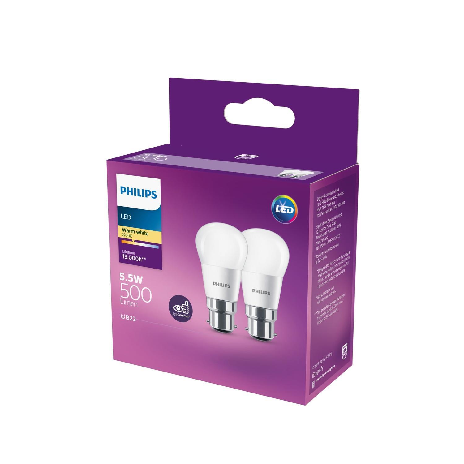LED 5.5W BC 500lm Warm White Lustre 2pk