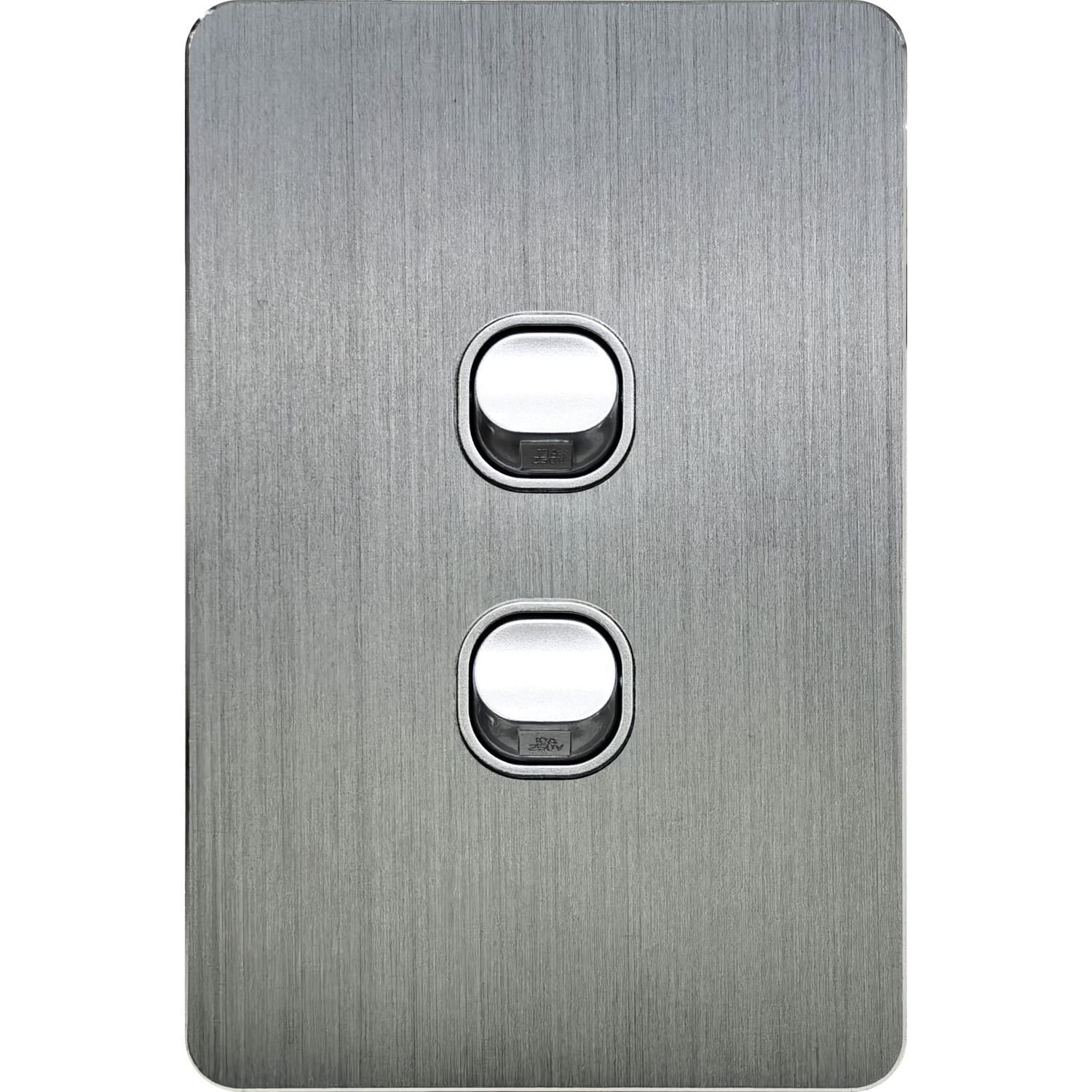 Double Vertical Light Switch Brushed Aluminium 121 x 80 x 28mm Silver Grey