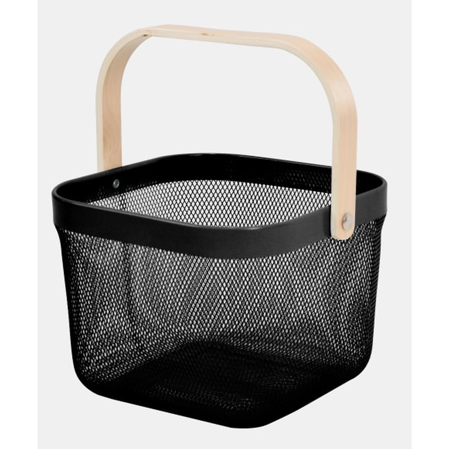 Basket Mesh Square Wood Handle Black