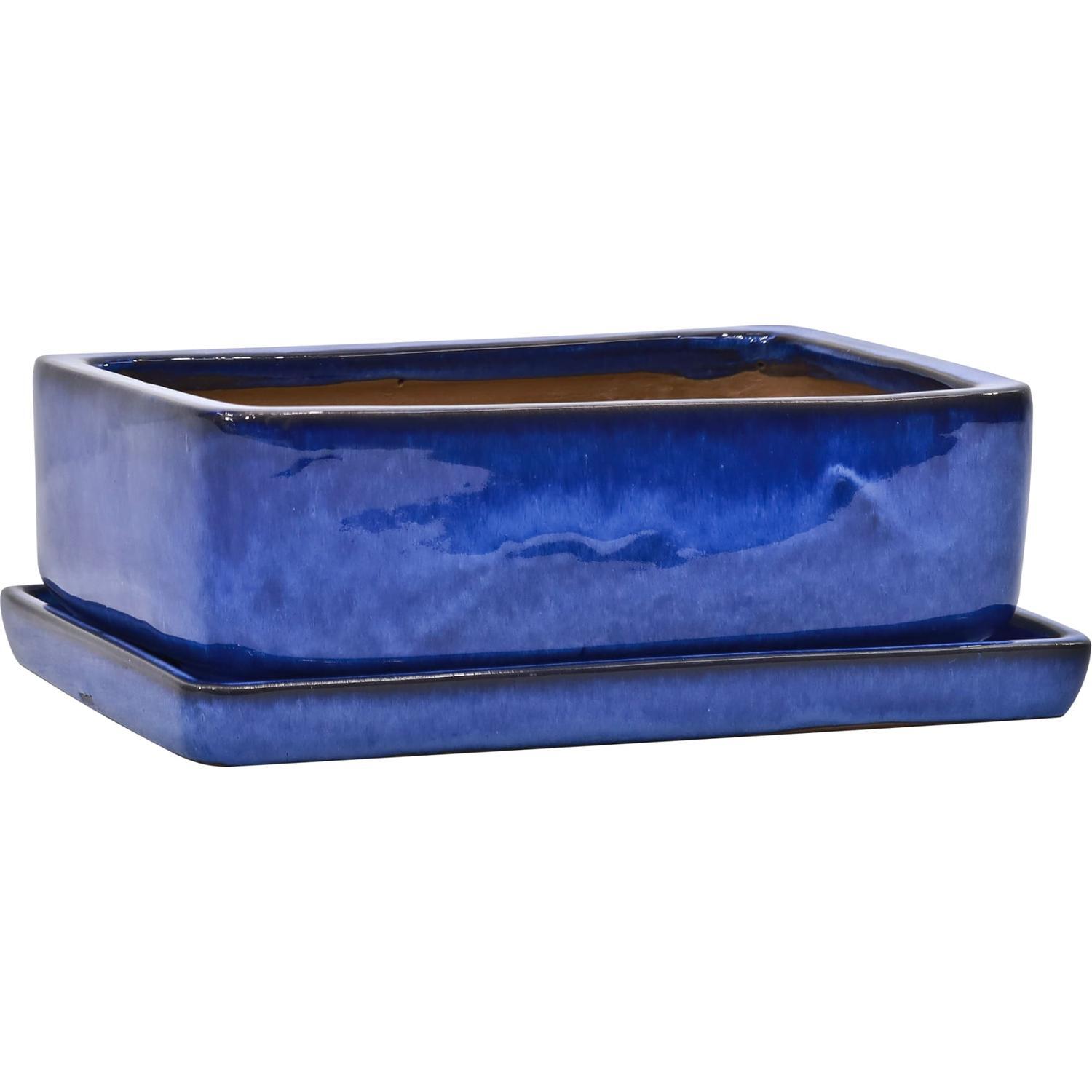 Glazed Bonsai Rectangle Pot Small Royal Blue