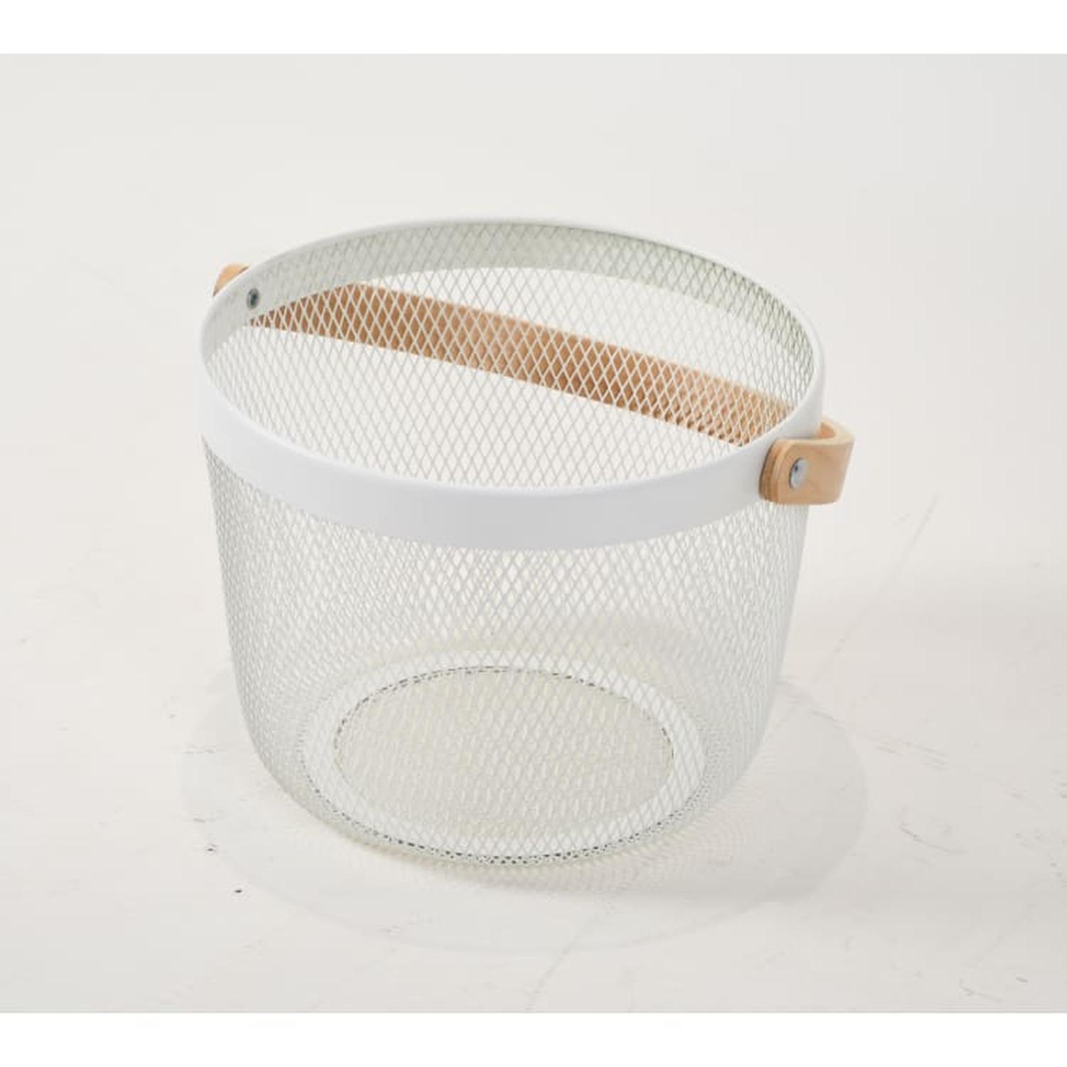 Basket Mesh Round Wood Handle White