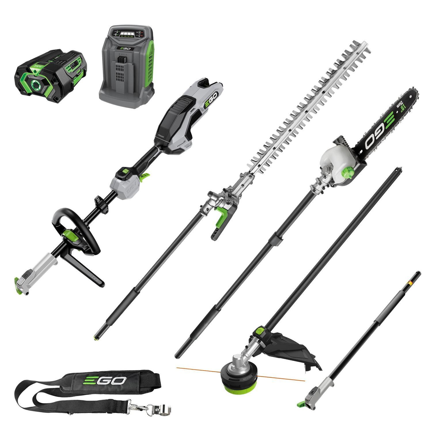 EGO POWER+ 56V Brushless Multi-Tool Power Head with Carbon Fibre Shaft 4pce Attachment Kit. Includes EP7501, PSA1020, HTA2020 & STA1600 Attachments, 5.Ah Battery, Rapid Charger & Shoulder Strap