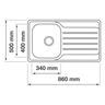 Abbey Single Bowl Sink & Drainer H: 190mm, W: 860mm, D: 500mm