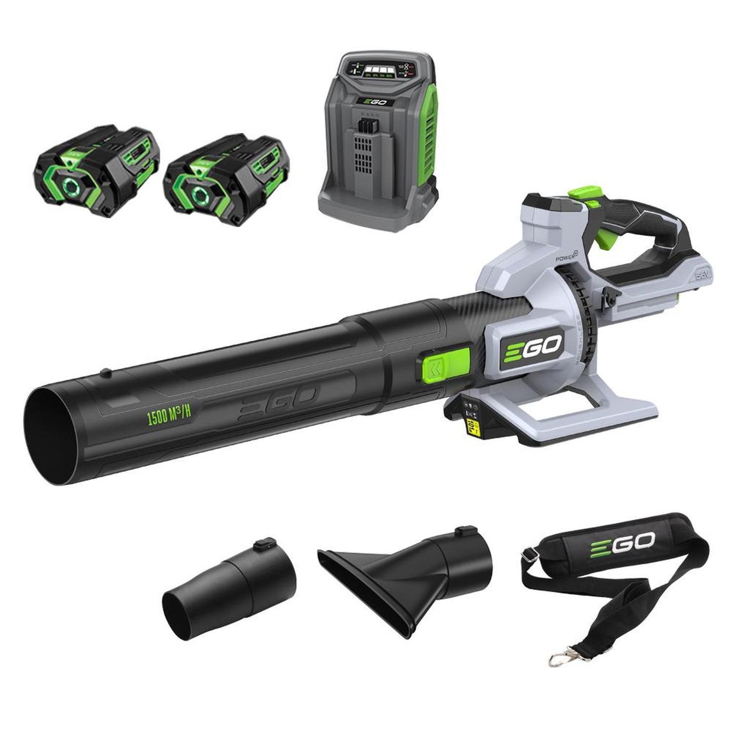 EGO POWER+ 56V 1500m³/h Brushless Blower KIT Includes 2 x 5. Ah Battery, Turbo Charger, Shoulder Strap 
Flat Nozzle & Round Nozzle