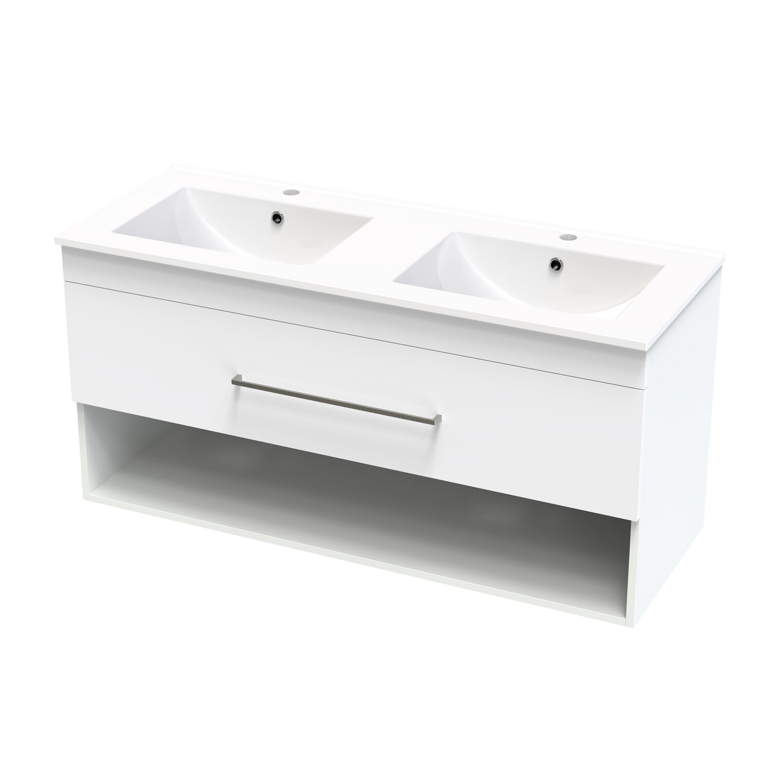 Cashmere Drawer Open Double Bowl Wall Hung Vanity