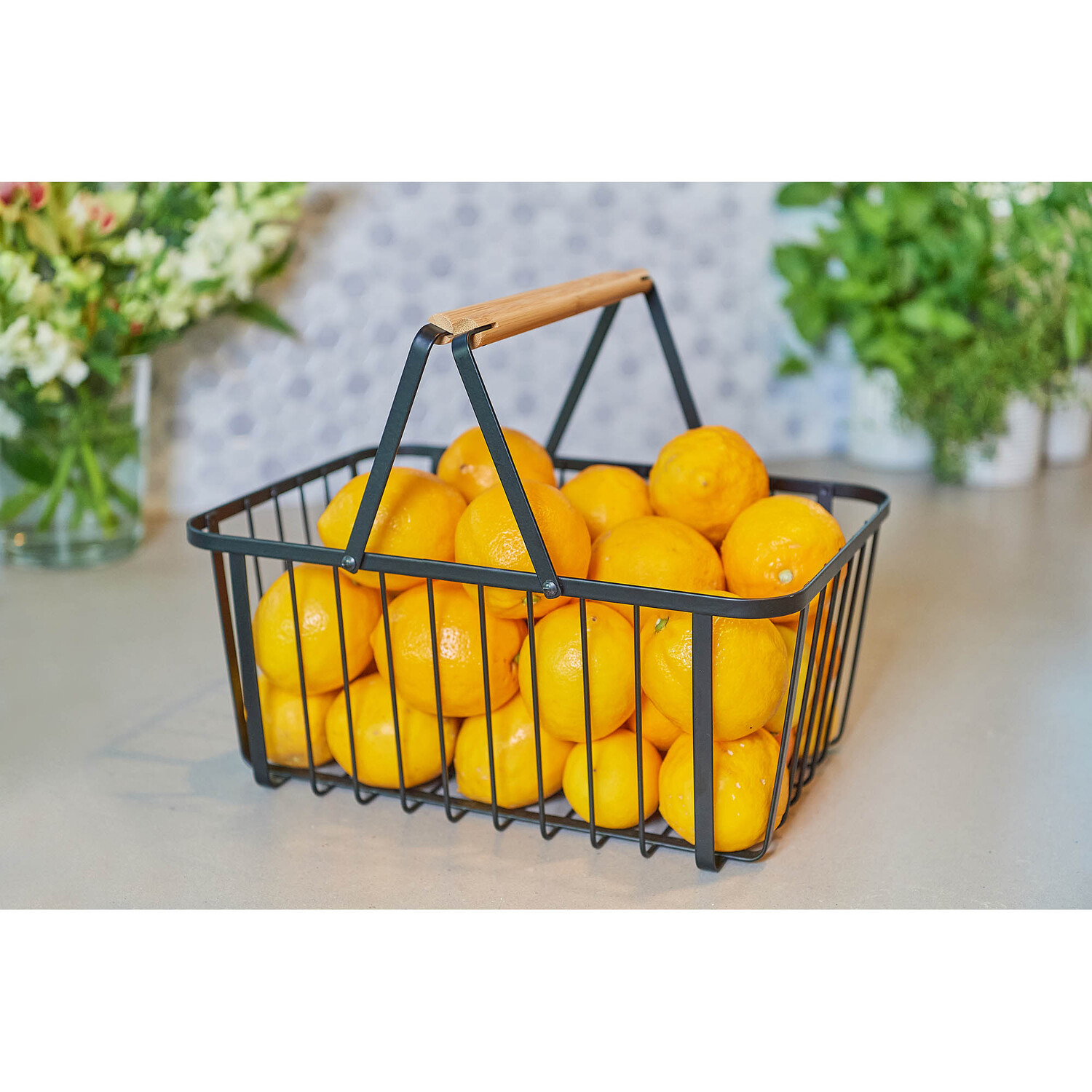Basket Wire Wood Handle Black