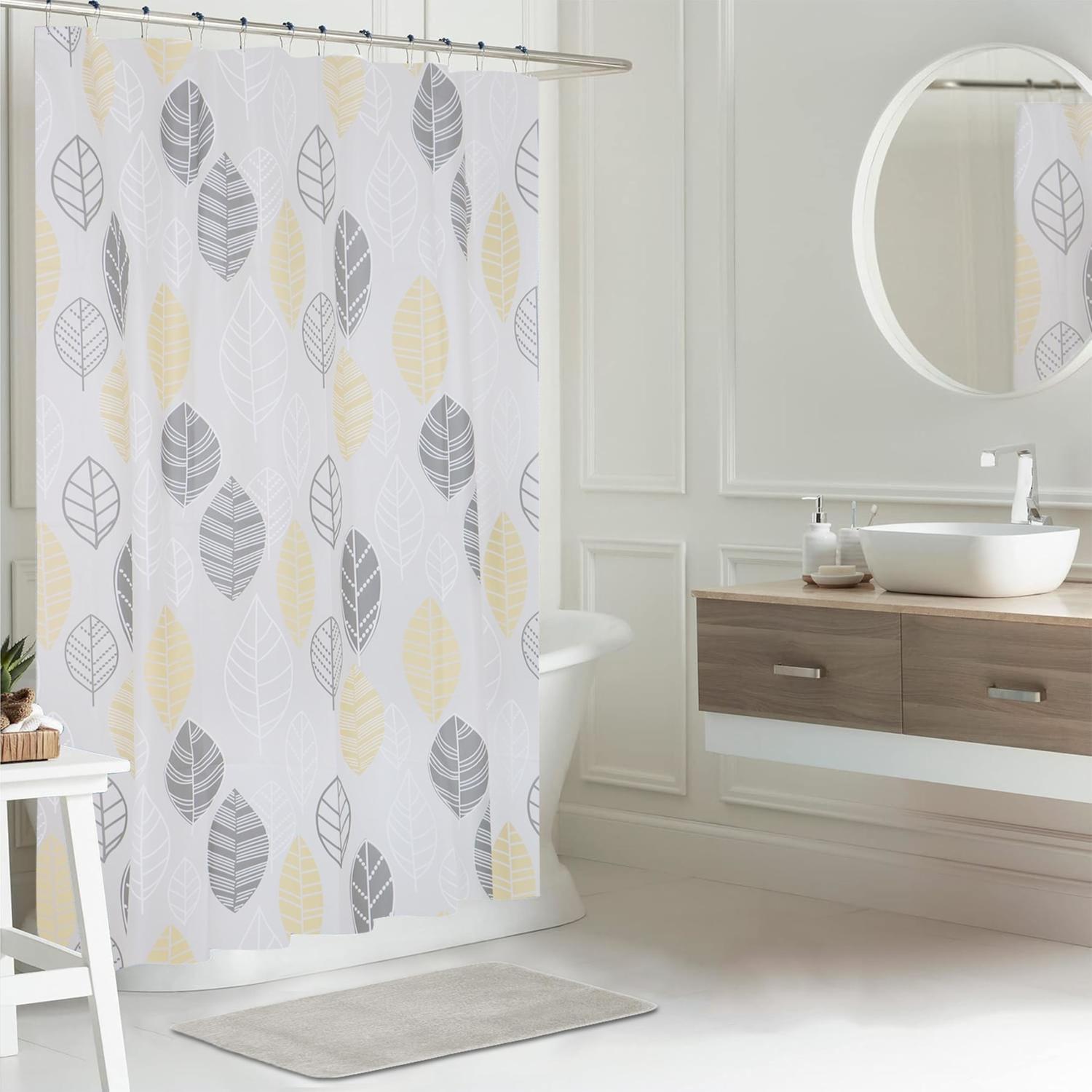 Shower Curtain & Bathmat Combo Set  Grey Leaf