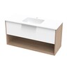 Nikau Grove Nikau Drawer Open Wall Hung Vanity H: 620mm, W: 1190mm, D: 453mm. Gloss White & Rural Oak