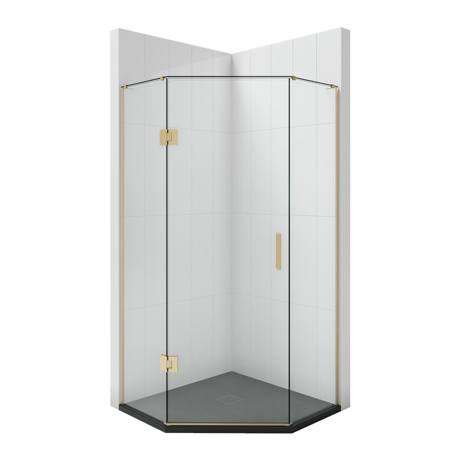 1000 x 1000mm Angle Front Black Tray, Ellure Walls and Brushed Gold Hinged Screen Package