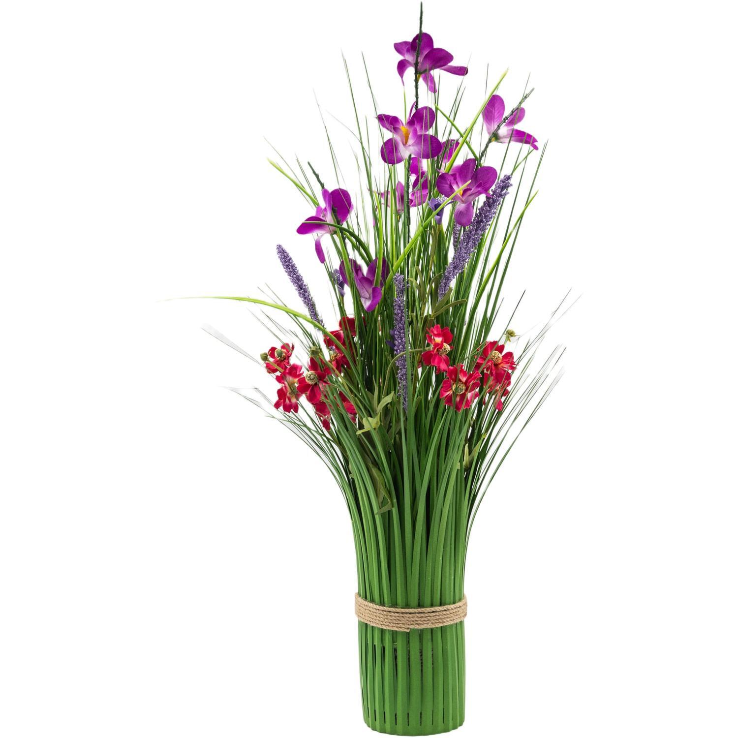 Artificial Grass & Mixed Purple Flowers In Pot