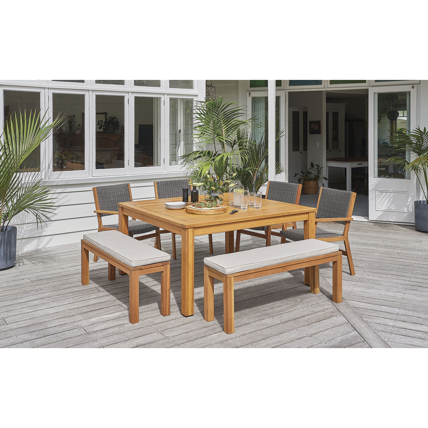 Outdoor Dining Bench Setting With Chairs 7 Piece