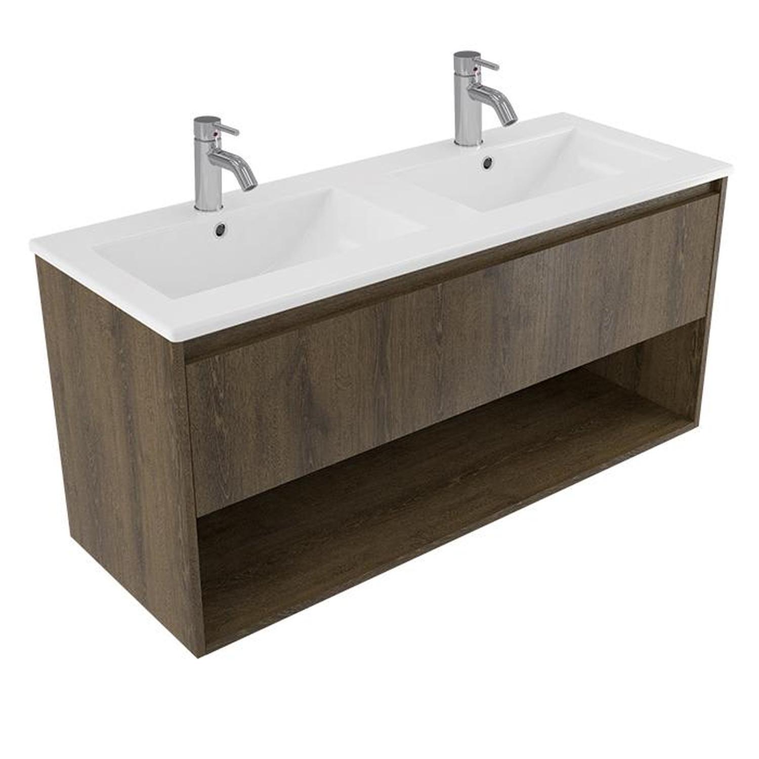 2 Bowl Wall Vanity 1200mm Smokey Oak